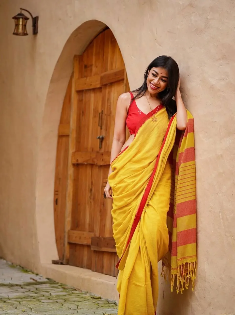 Red - Yellow Pure handloom Jamdani work saree