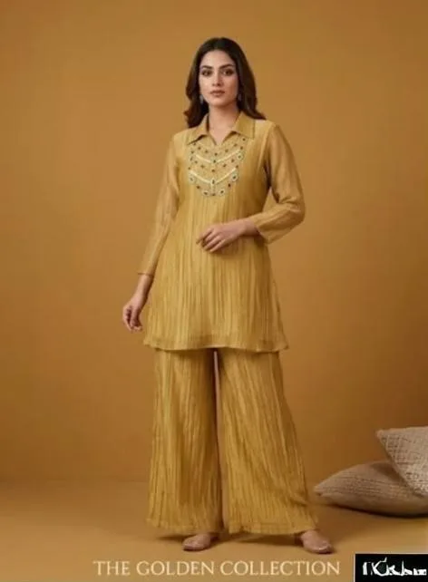 Pure Tissue Mustard Yellow Necklace Short Coord Set