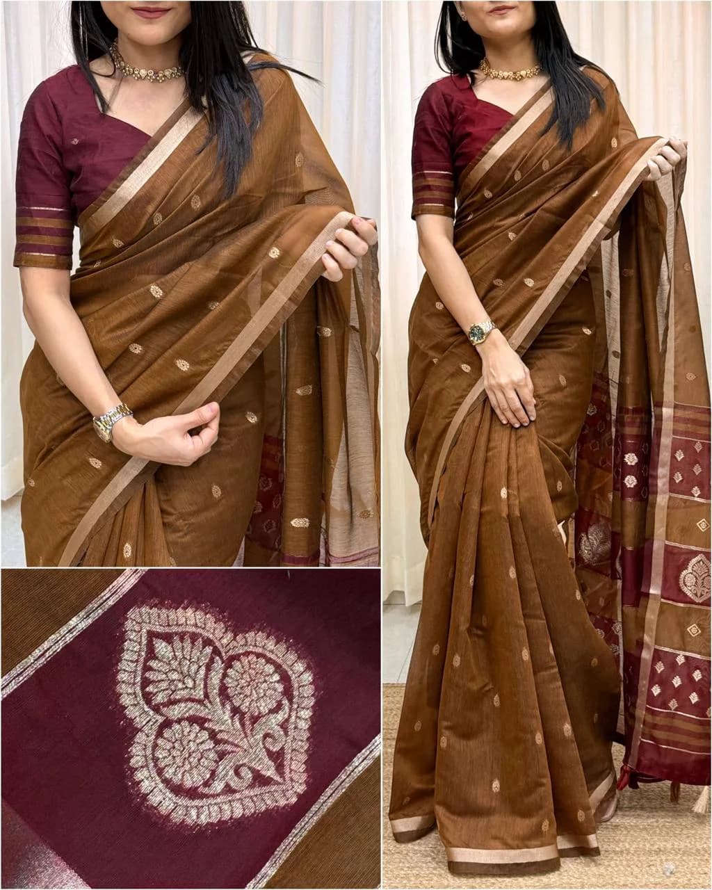 Brown Maroon Maheswari Silk Saree