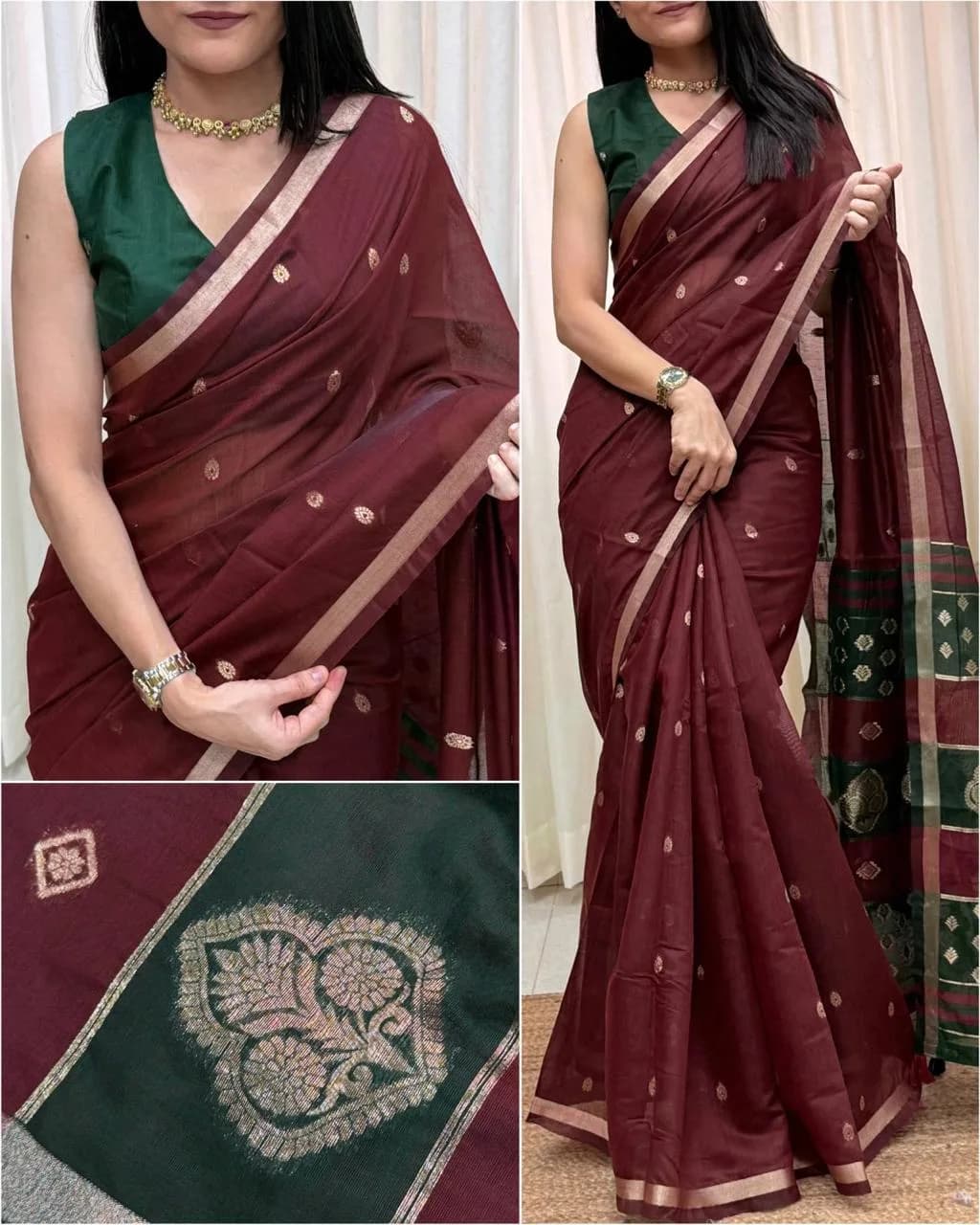 Maroon Green Maheswari Silk Saree