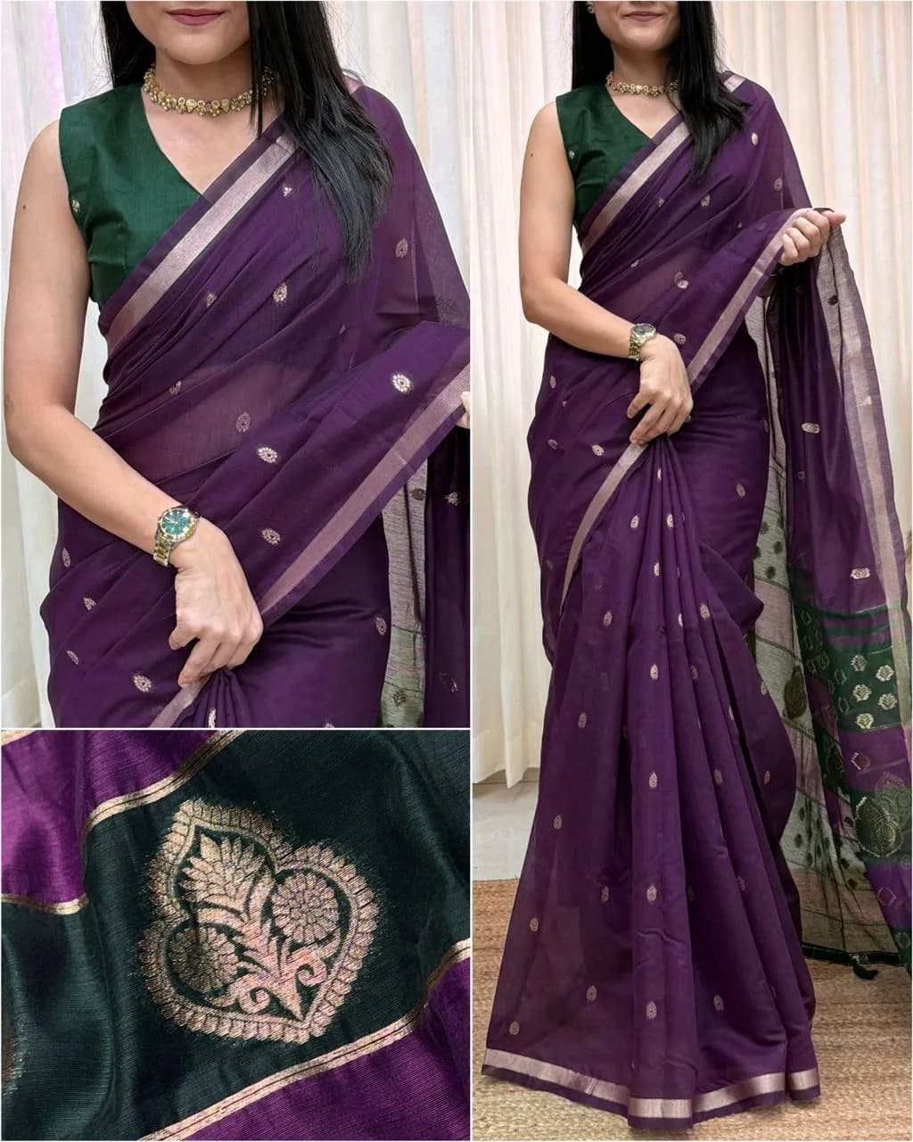 Purple Green Maheswari Silk Saree