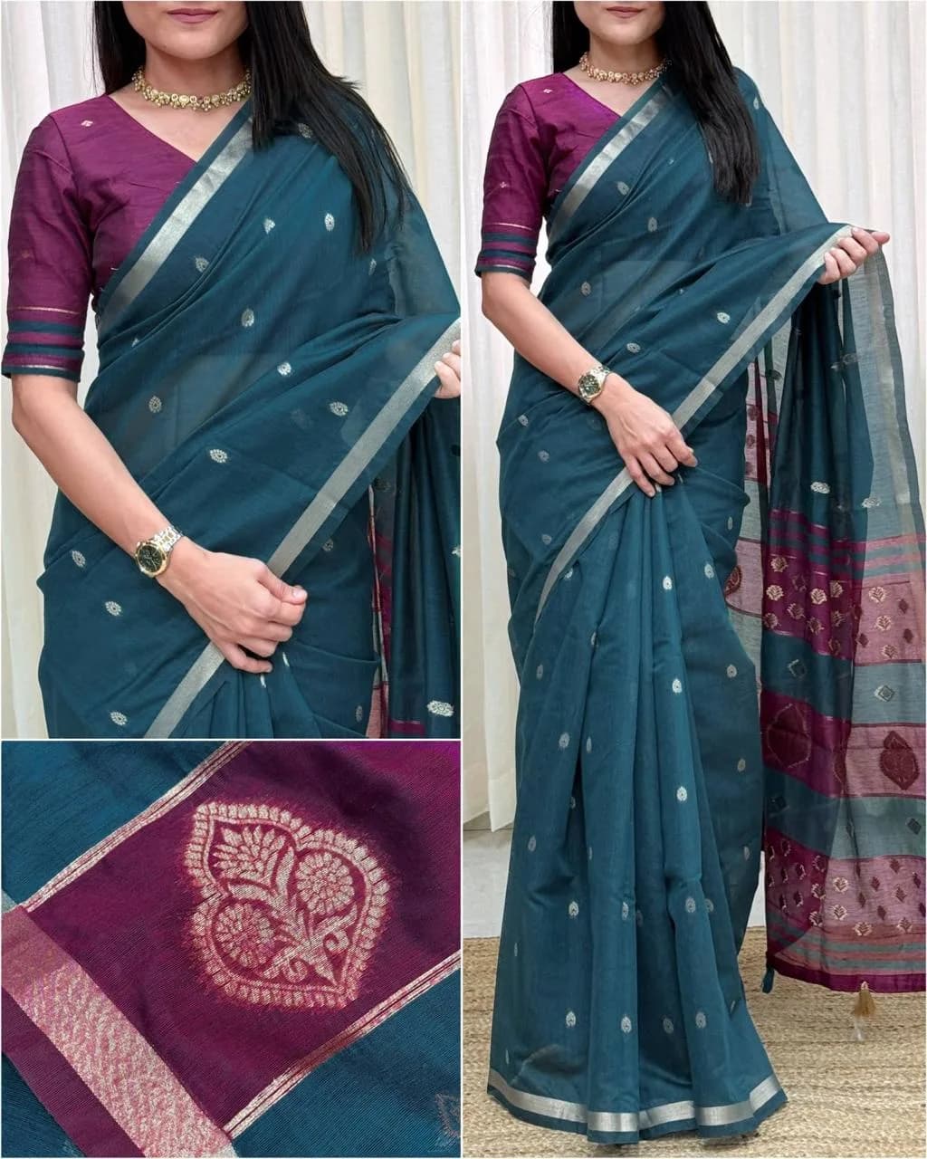 Magenta Blue Maheswari Silk Saree
